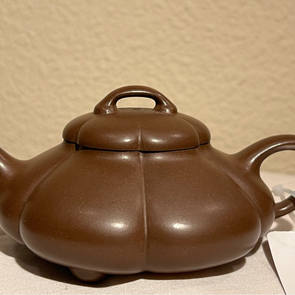 Brown Teapot with Pumpkin Design for Tea, Authentic Yixing Zisha Handmade