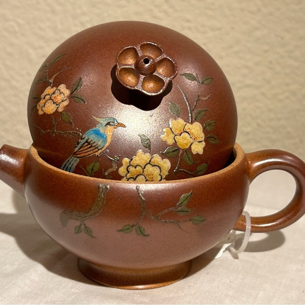 Charming Brown Teapot with Floral and Bird Motif, Authentic Yixing Zisha 柴烧