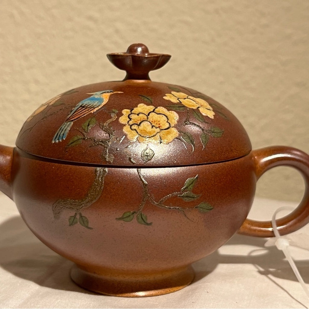 Charming Brown Teapot with Floral and Bird Motif, Authentic Yixing Zisha 柴烧
