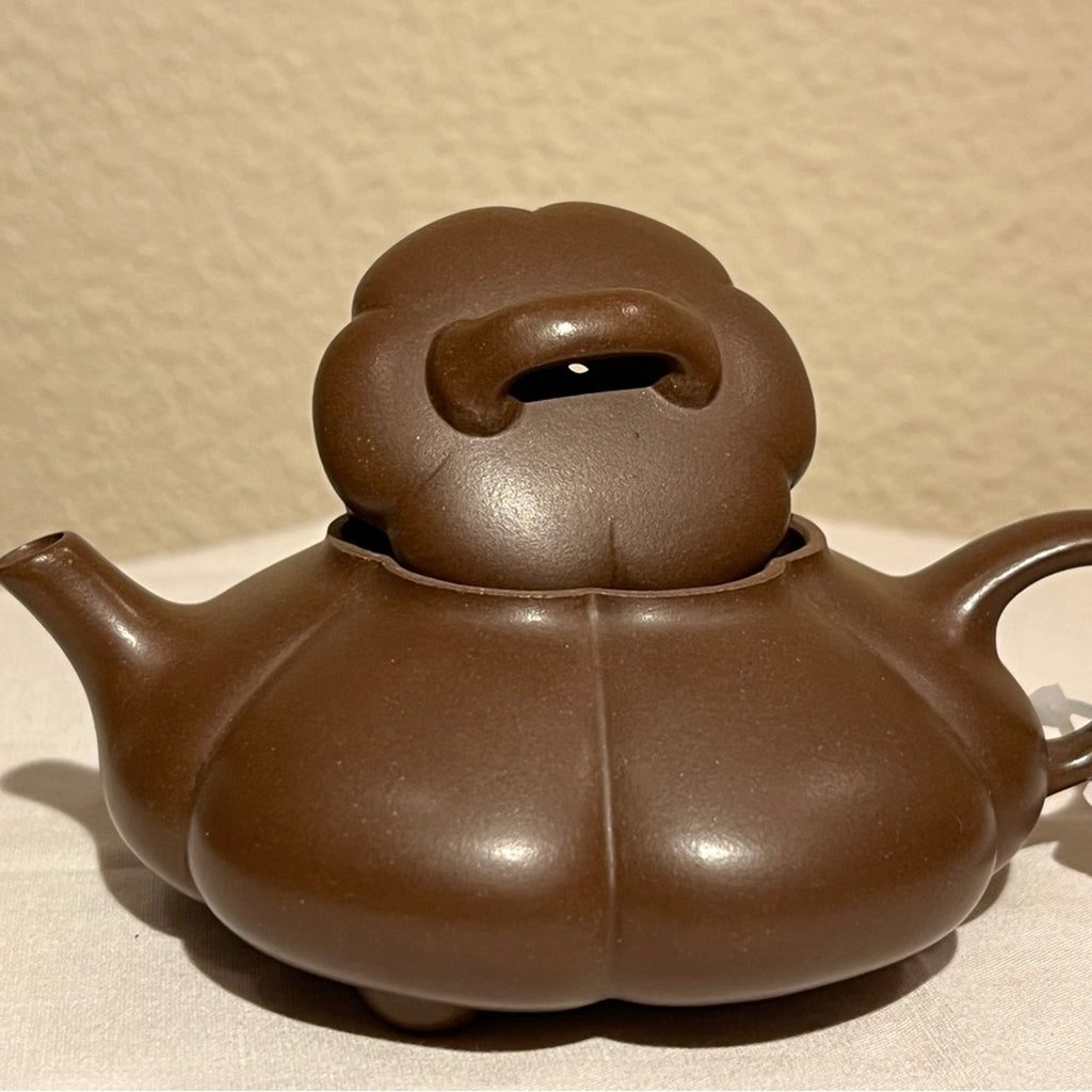 Brown Teapot with Pumpkin Design for Tea, Authentic Yixing Zisha Handmade