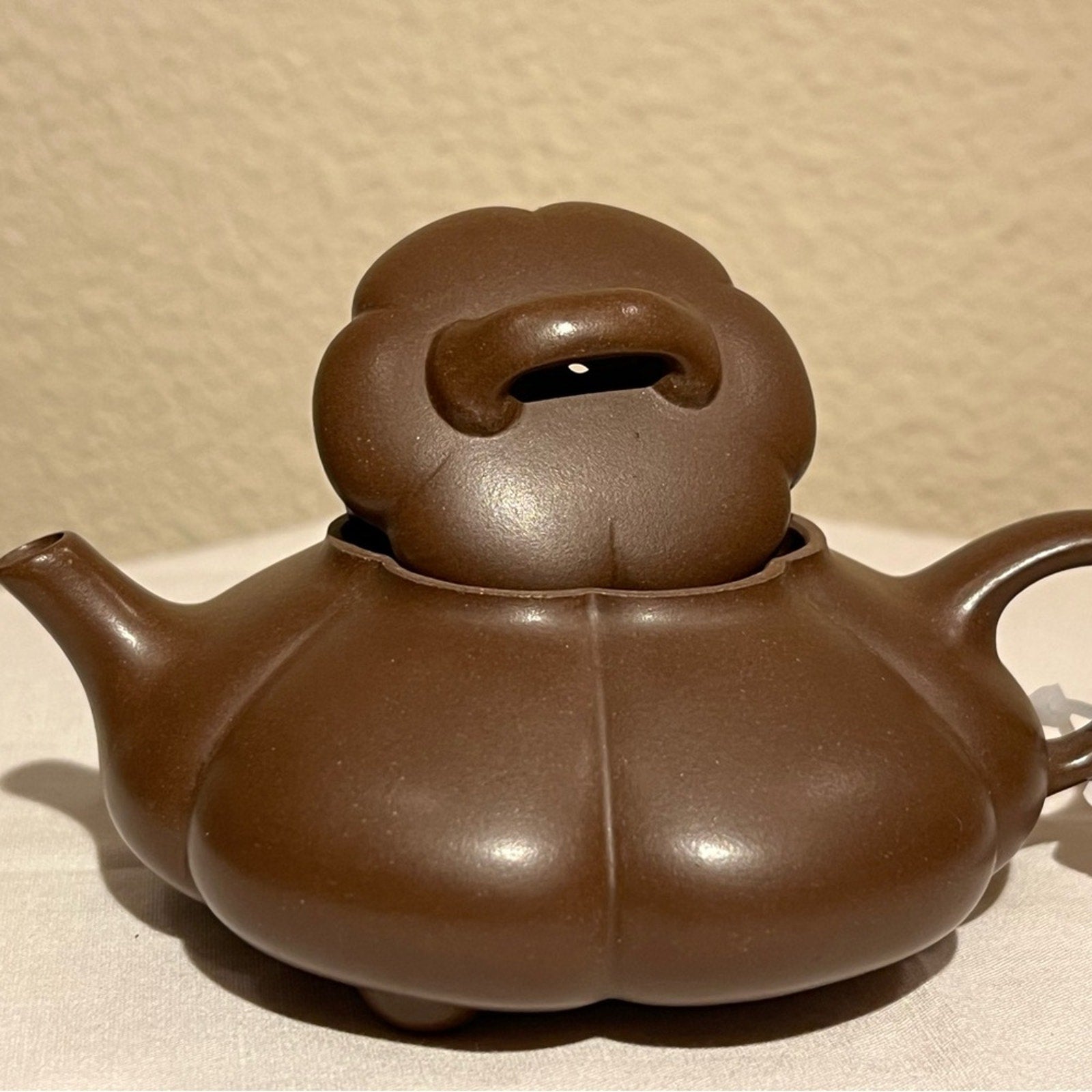 Brown Teapot with Pumpkin Design for Tea, Authentic Yixing Zisha Handmade