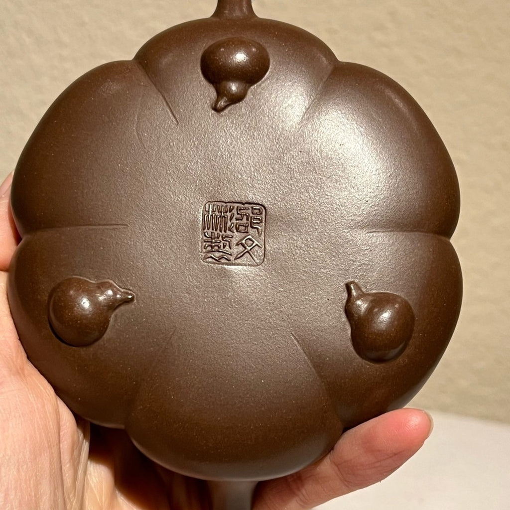 Brown Teapot with Pumpkin Design for Tea, Authentic Yixing Zisha Handmade