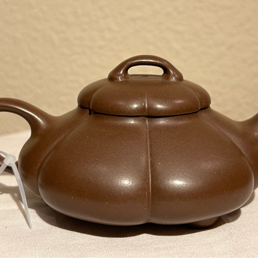 Brown Teapot with Pumpkin Design for Tea, Authentic Yixing Zisha Handmade