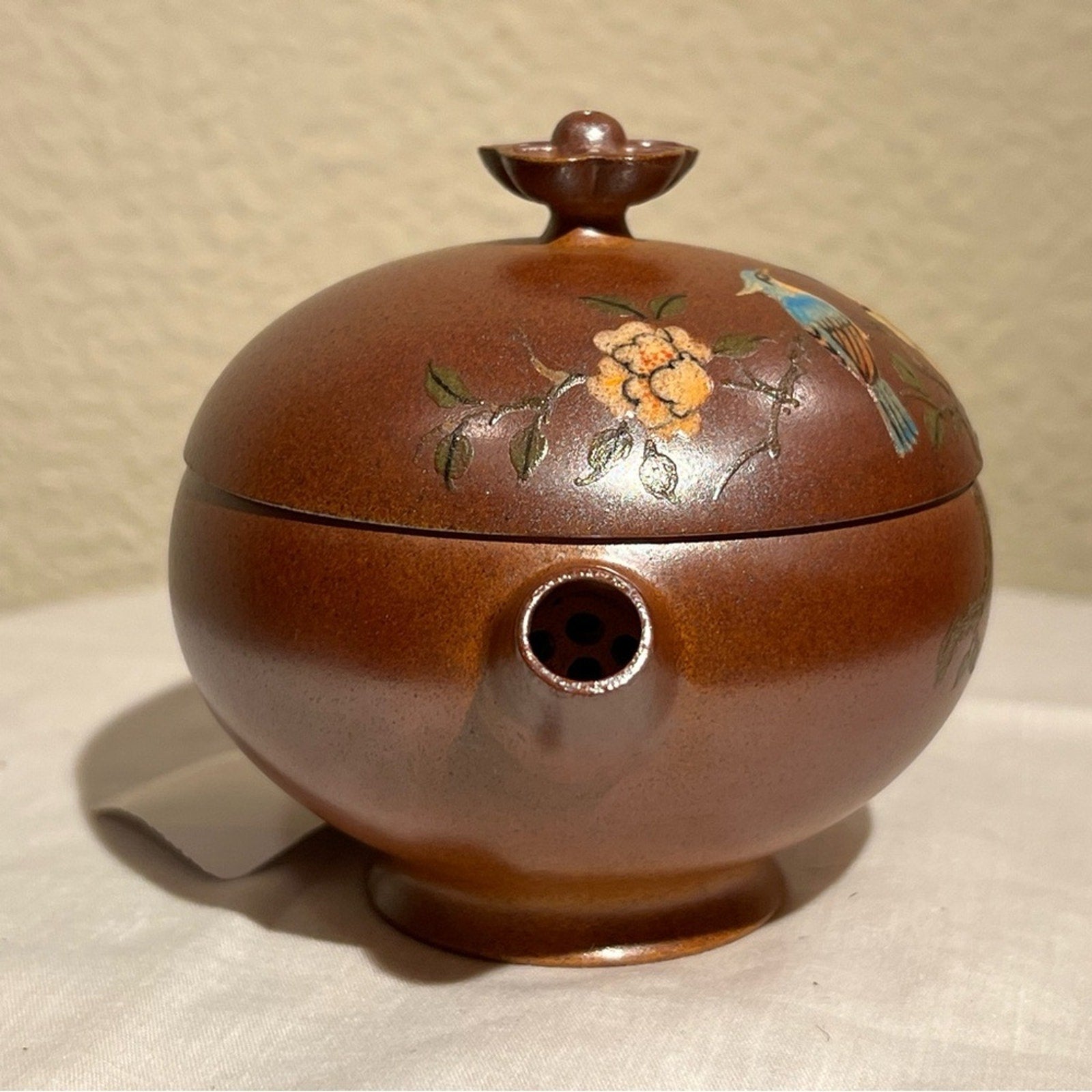 Charming Brown Teapot with Floral and Bird Motif, Authentic Yixing Zisha 柴烧