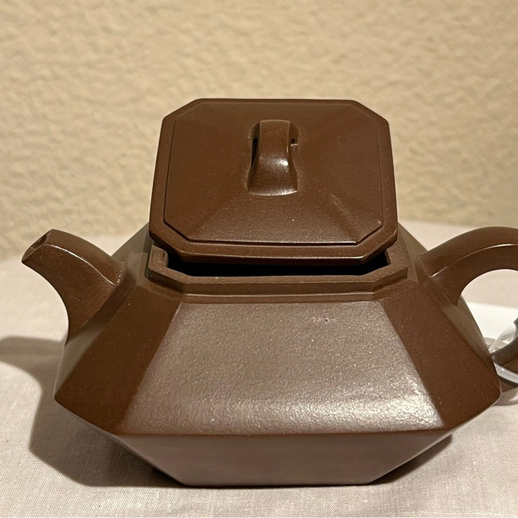Elegant Geometric Brown Teapot, Authentic Yixing Zisha Handmade