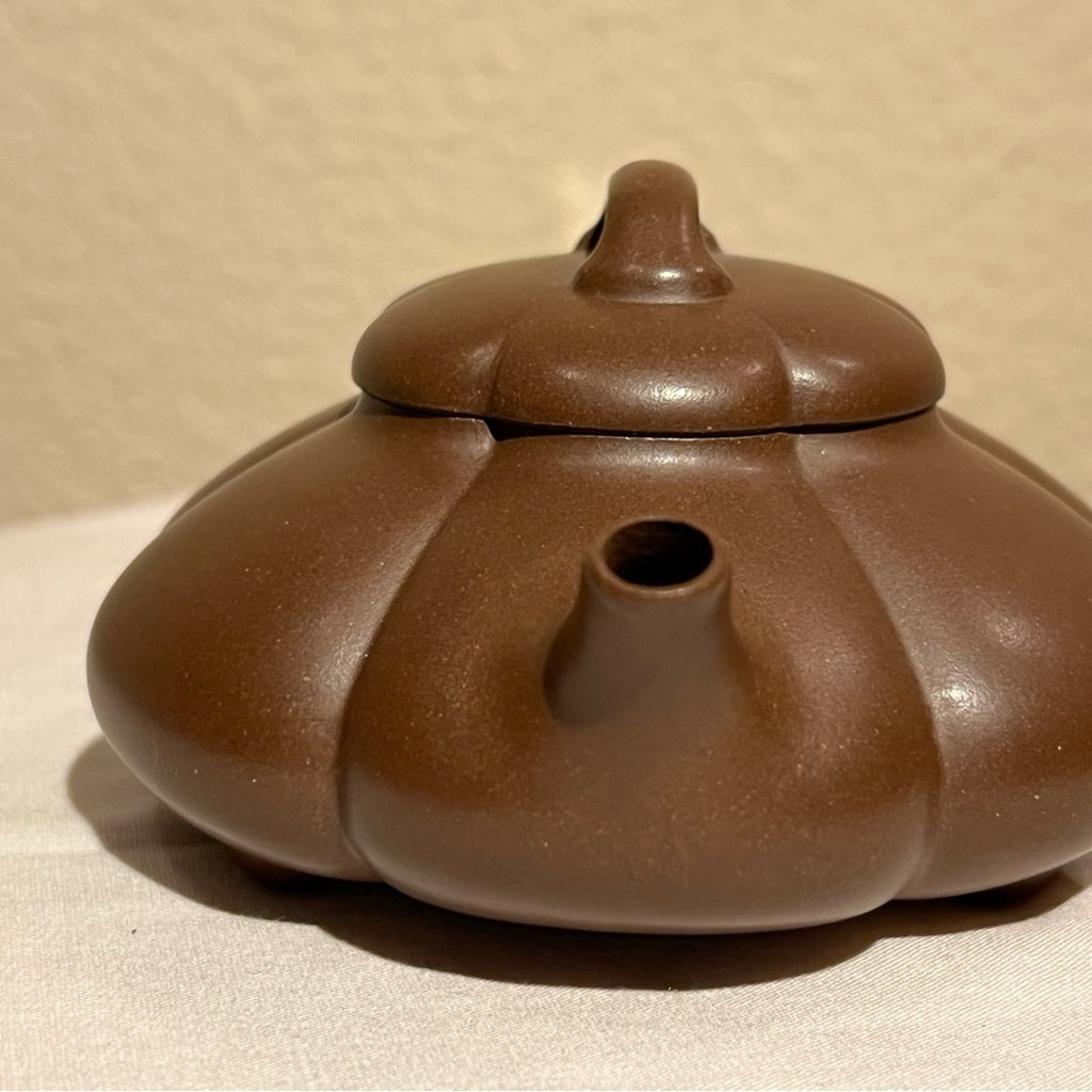 Brown Teapot with Pumpkin Design for Tea, Authentic Yixing Zisha Handmade